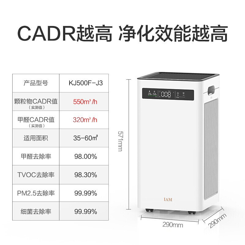 IAM空气净化器 除甲醛雾霾细菌病毒 家用办公室负离子KJ500F