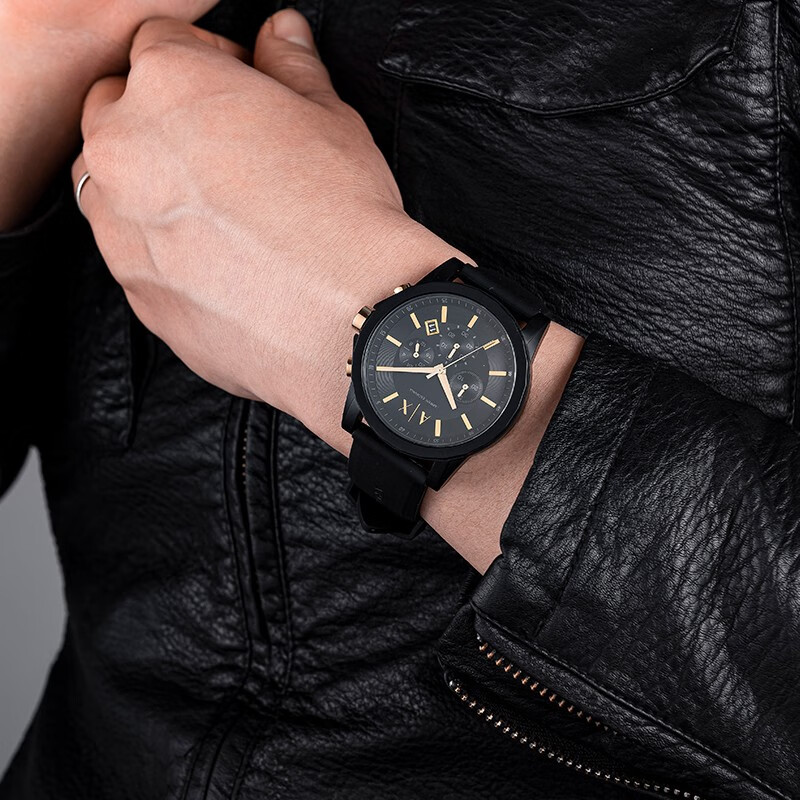 阿玛尼(Armani Exchange)手表 礼盒款硅胶黑色表带三眼时尚石英男士腕表AX7105