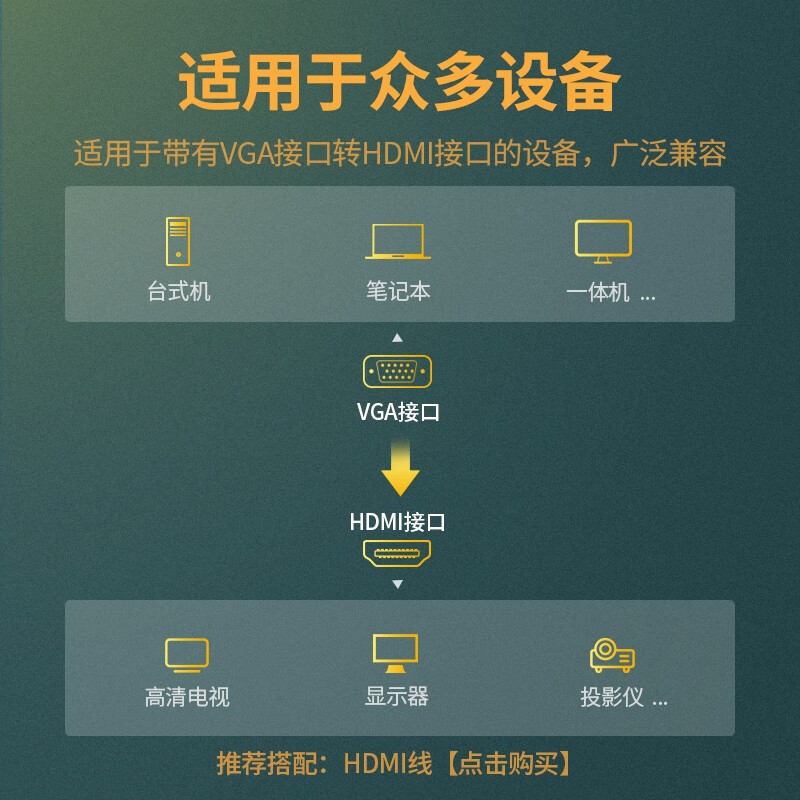 绿联 VGA转HDMI线转换器带音频接口 投影仪高清视频转接头 主机台式电脑笔记本机顶盒连多媒体显示器电视屏幕
