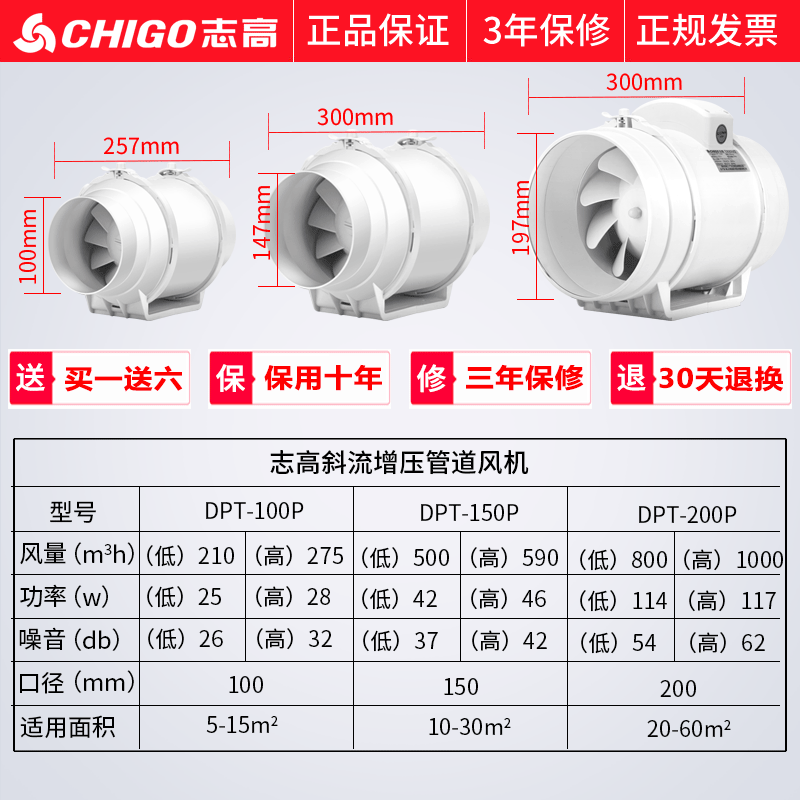 志高(CHIGO)管道风机 强力抽风机排风机卫生间厨房抽油烟换气扇6寸排气扇大风量静音4寸6寸8寸 8寸接200mm管适用20-60平方