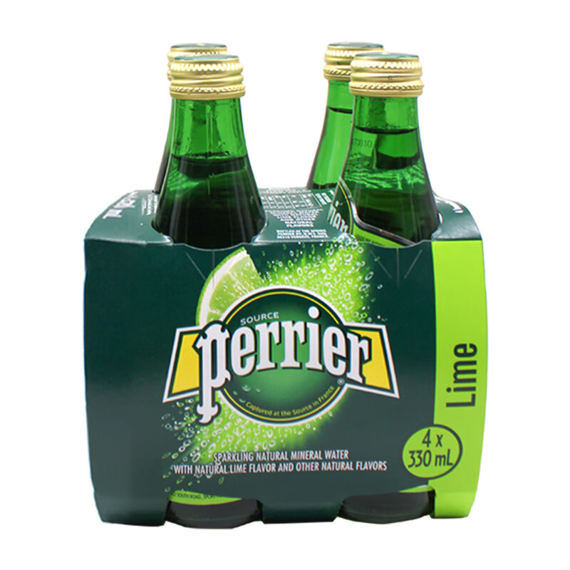 【9.5折】法國（Perrier）巴黎水含氣天然礦泉水330ml 原味青檸檸檬桃子西柚味氣泡水飲料 巴黎水330ml*24玻璃瓶青檸味