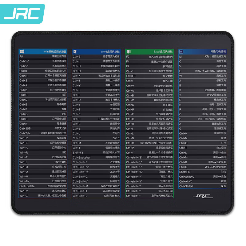 JRC 鼠标垫电脑桌垫快捷键大全 笔记本办公书桌垫吃鸡键盘垫 办公快捷键鼠标垫小号 黑色