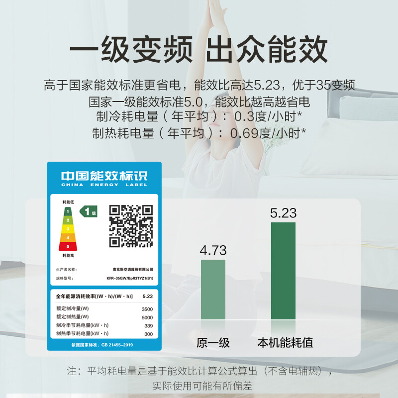 奥克斯（AUX）1.5匹 京福 新一级能效 变频冷暖 自清洁 壁挂式空调挂机(KFR-35GW/BpR3TYZ1(B1))静音节能