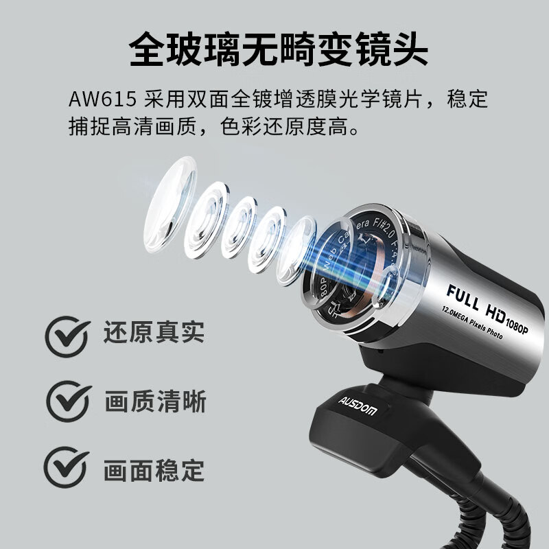 阿斯盾AW615电脑摄像头高清直播网课1080P视频广角带麦克风USB外置笔记本台式电脑摄像头