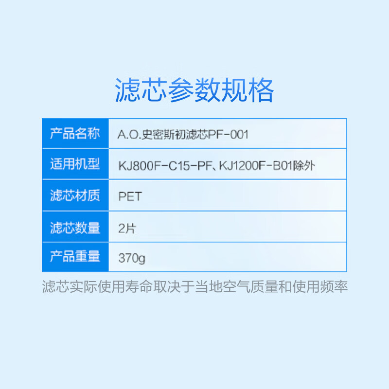 A.O.史密斯 空气净化器 初滤网 滤芯MERV7 B型机通用 PF-001（适用EB88/868BX/380B等）