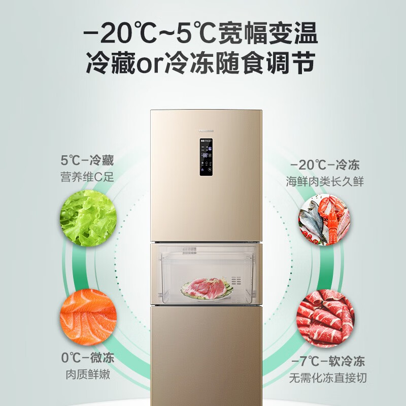 海信(Hisense)【鮮域系列】239升變頻一級(jí)能效三門(mén)小型家用節(jié)能電冰箱風(fēng)冷無(wú)霜BCD-239WYK1DPS中門(mén)寬幅變溫