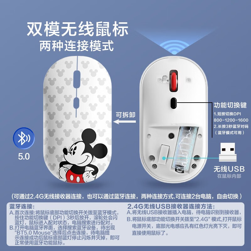 JRC 迪士尼授权 2.4G无线5.0蓝牙双模式鼠标 办公鼠标 对称鼠标 华为苹果小米联想华硕戴尔适用 白色