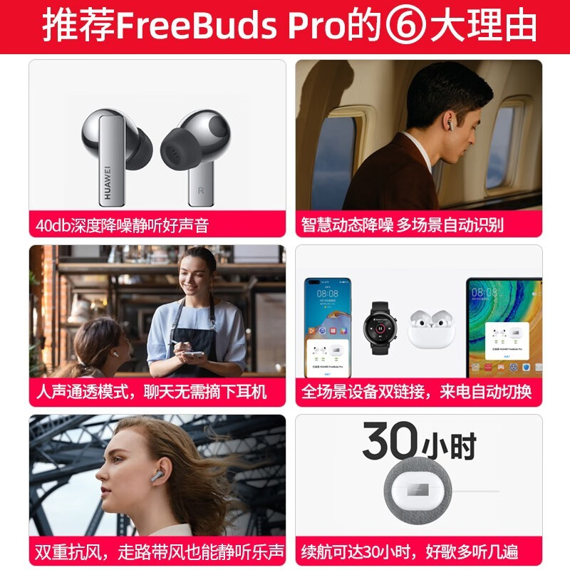 华为（HUAWEI） freebuds pro无线耳机蓝牙耳机主动降噪智慧动态运动耳机 无线充版-碳晶黑