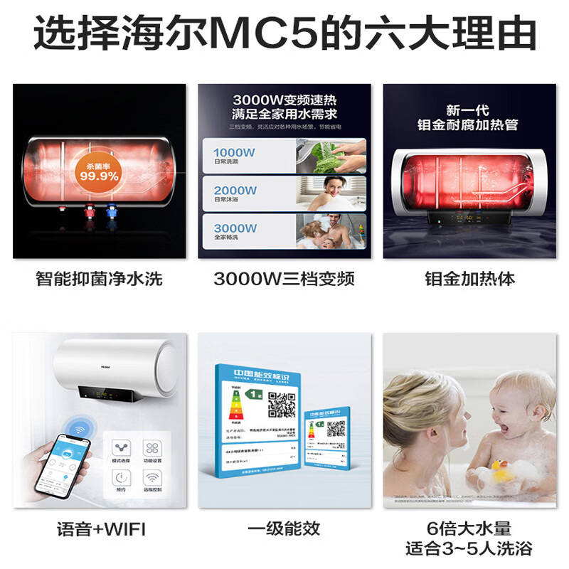 海尔（Haier）电热水器家用节能储水式 3000W速热变频 WiFi智能一级能效卫生间预约MC5 60升【3-4人】