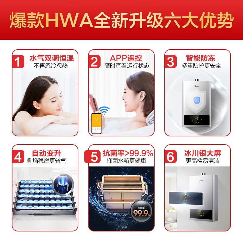 美的（Midea）12升水气双调智能家电恒温APP遥控 自动变升多重安防 LED大屏燃气热水器天然气JSQ22-HWA