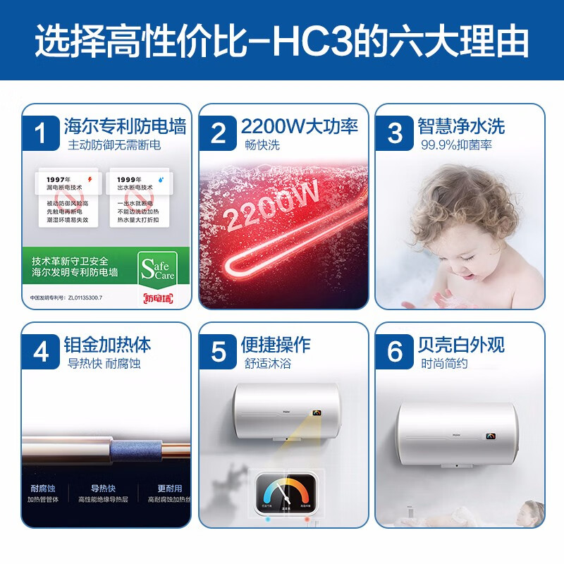 海尔（Haier）电热水器 速热储水式家用洗澡恒温节能小型短款 专利防电出租房淋浴器上门安装HC3 60升【2-3人】