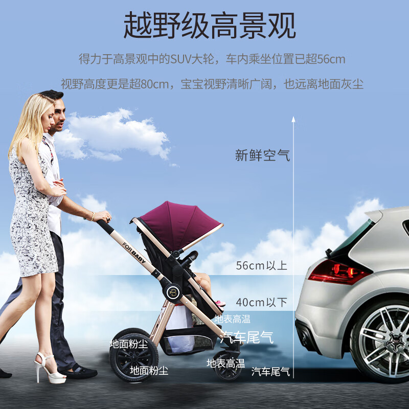 德國FORBABY 嬰兒推車嬰兒車可坐可躺 高景觀雙向兒童推車新生兒可用 莫蘭迪灰【提籃版】