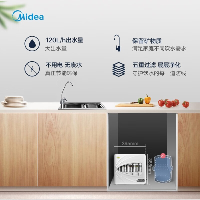 美的（Midea）無廢水 保留礦物質(zhì) 家用凈水器 即濾型超濾機(jī) 長壽命濾芯 不用電 MU131A-5