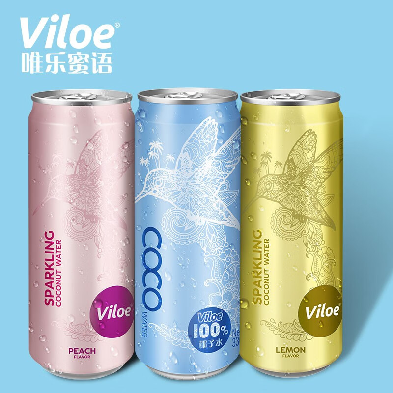 唯樂蜜語(Viloe) 進口天然椰子水 氣泡水 果蔬汁 飲料 含有電解質 繽紛味 330ml*3瓶 嘗鮮裝