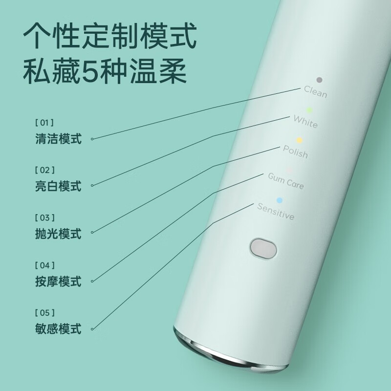 美的（Midea）電動(dòng)牙刷 成人聲波震動(dòng)牙刷 亮白潔齒（雙效刷頭*2） 活力刷 情侶款 MC-AJ0202 薄荷綠