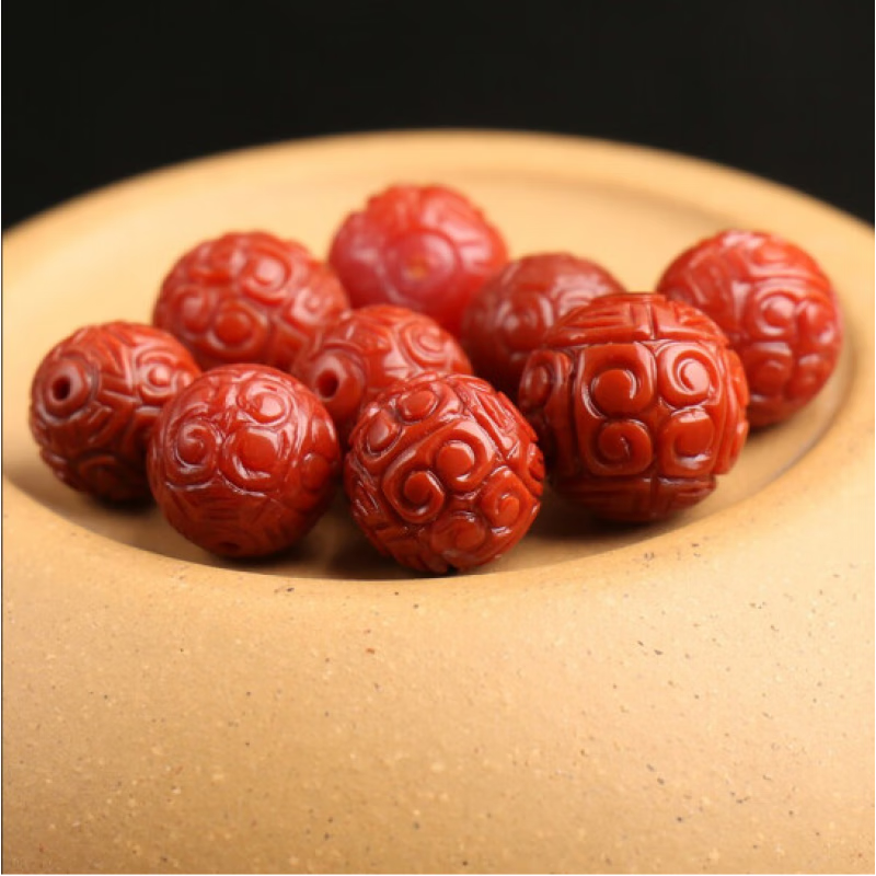 秋痕 天然南红玛瑙回纹珠 满肉苏工精雕圆珠 文玩 顶珠 配珠 散珠