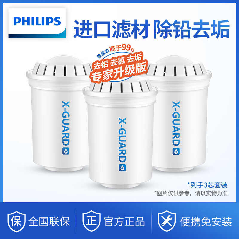 飛利浦（PHILIPS）家用濾水壺凈水壺樹(shù)脂復(fù)合濾芯W(wǎng)P3904（3支裝）（適配濾水壺WP2806/WP2807/WP4200）