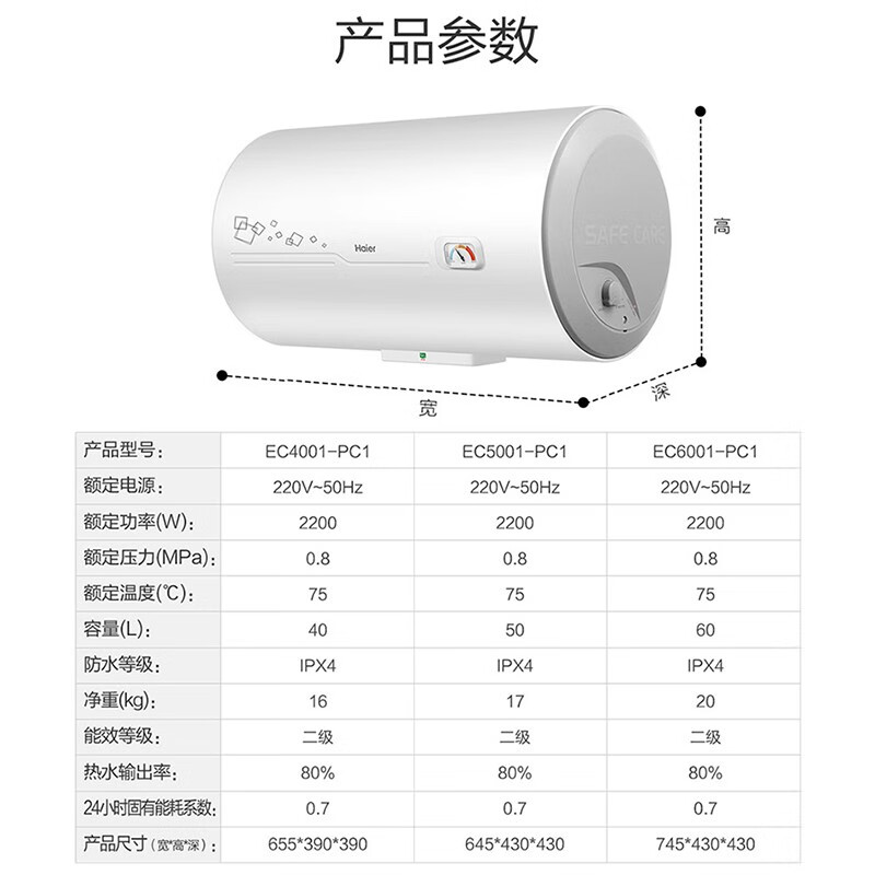 海尔（Haier）电热水器40升家用速热2200W储水式洗澡上门安装安全防电墙小尺寸出租房节能PC1