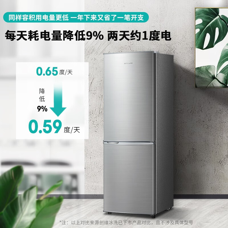 創(chuàng)維(SKYWORTH) 186升 冰箱雙門小型 兩天約一度電 微霜大空間 99.99%抗菌 家用宿舍租戶電冰箱 BCD-186D