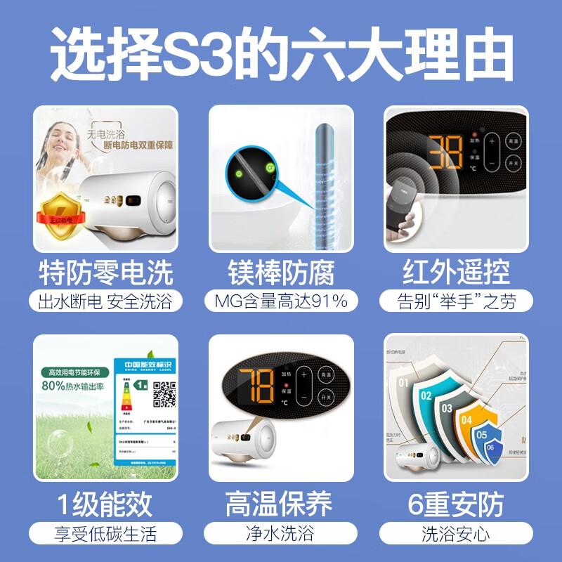 萬家樂 50升電熱水器 2000W家用特防零電洗 智能遙控 出水?dāng)嚯?一級能效 高溫保養(yǎng) 以舊換新D50-S3