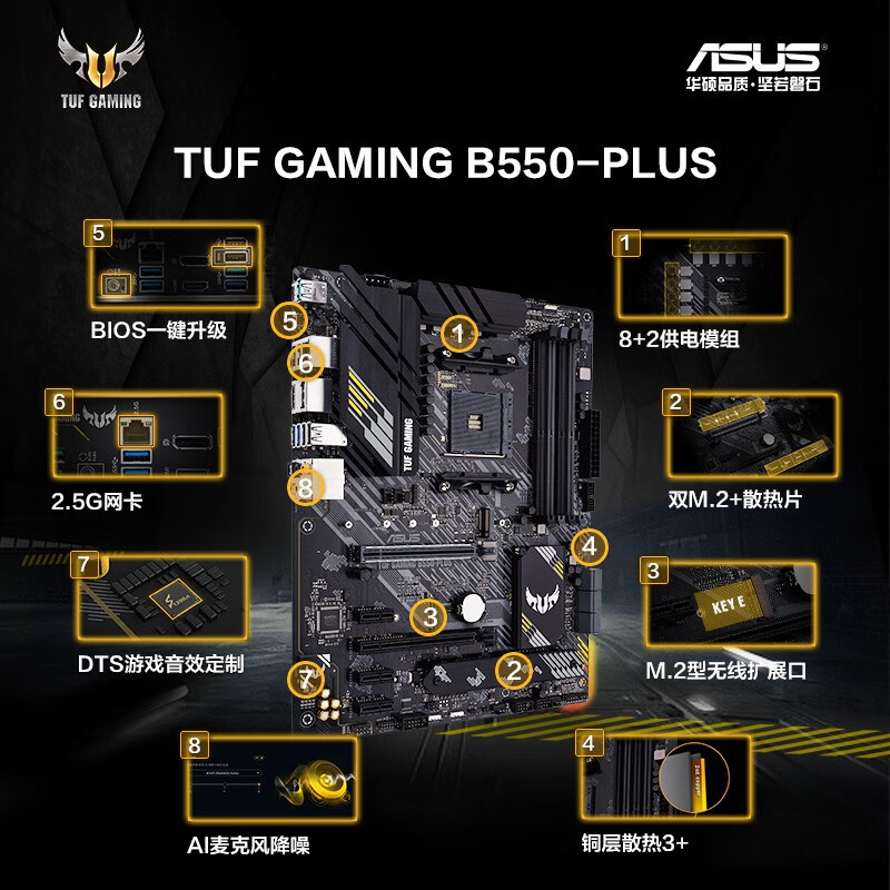 华硕（ASUS）TUF GAMING B550-PLUS主板 支持 CPU 3600X/5600X/5800X（AMD B550/socket AM4）