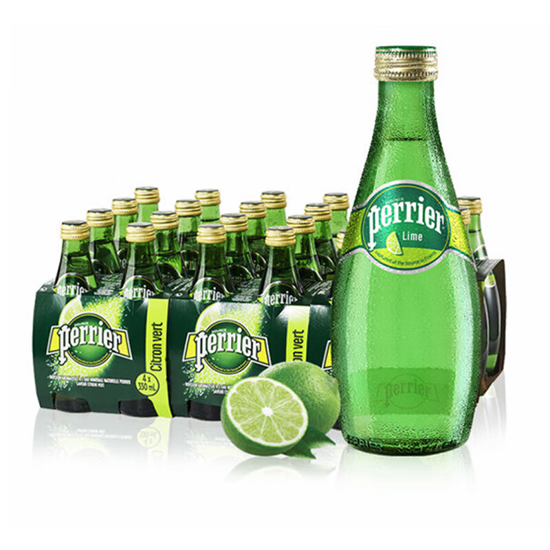 【9.5折】法国（Perrier）巴黎水含气天然矿泉水330ml 原味青柠柠檬桃子西柚味气泡水饮料 巴黎水330ml*24玻璃瓶青柠味