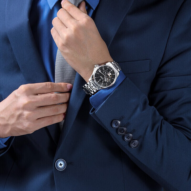 罗西尼(ROSSINI) 手表 启迪系列时尚自动机械男表镂空多功能黑盘间钨钢带【专柜同款】5523W04E
