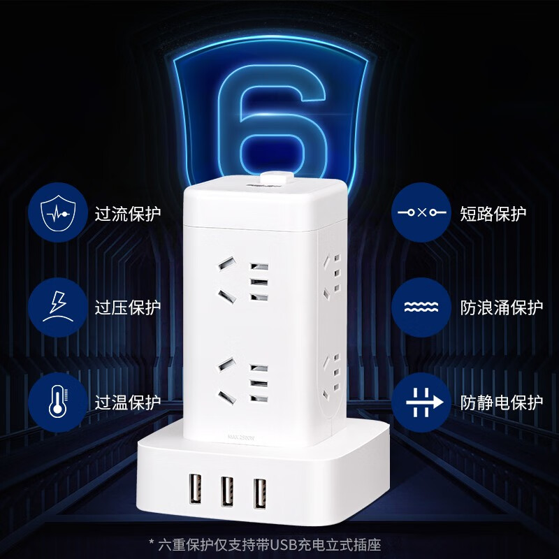 德力西(DELIXI)USB智能立式插座/插排/排插/插线板/插板/接线板/拖线板H-DGK8X3UG 8位总控1.7米过载保护
