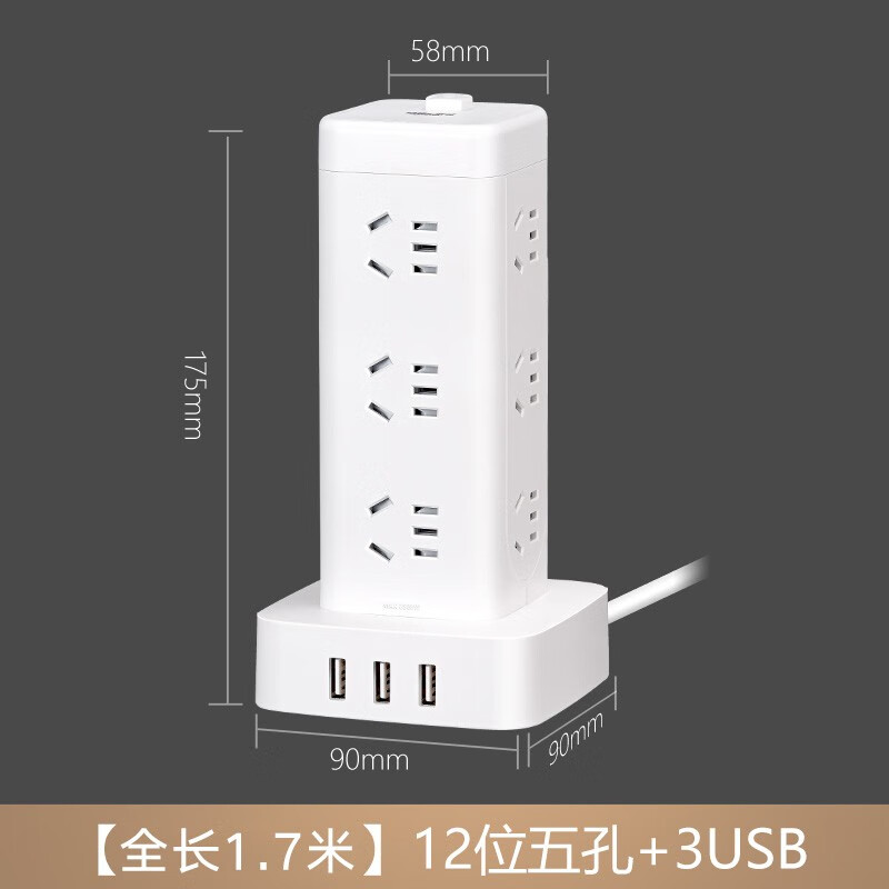 德力西(DELIXI)USB智能立式插座/插排/排插/插线板/插板/接线板/拖线板H-DK12X3UG 12位总控1.7米过载保护