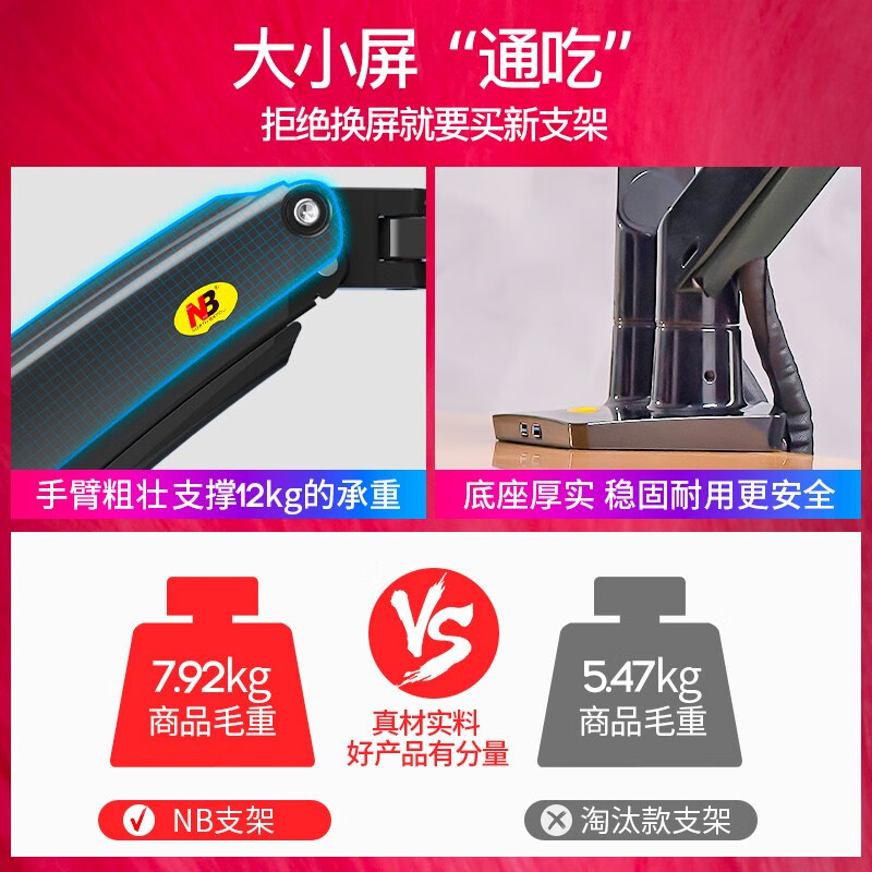 NB F195A 显示器支架 双屏拼接旋转电脑支架 双屏桌面显示器底座支架 升降伸缩电脑显示器支架臂22-32英寸黑