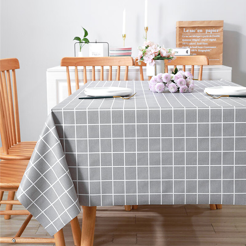QUATREFOIL防水桌布 防油餐桌布免洗餐桌垫台布 135×180cm灰色格