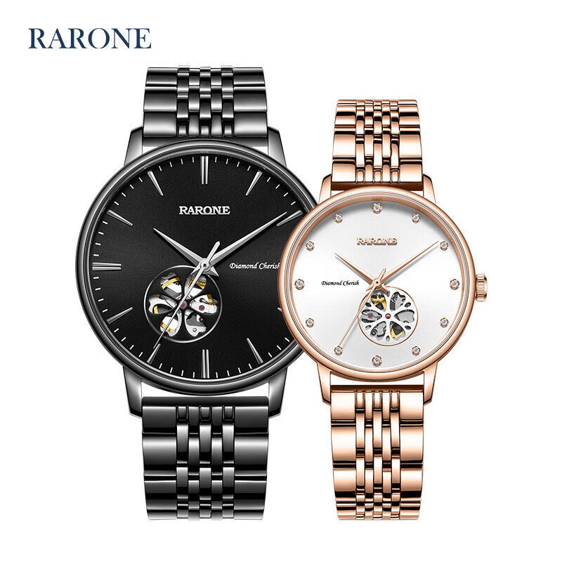 雷诺(RARONE)手表 百年好合情侣手表一对男女款全自动机械表玫带防水手表 唯爱系列