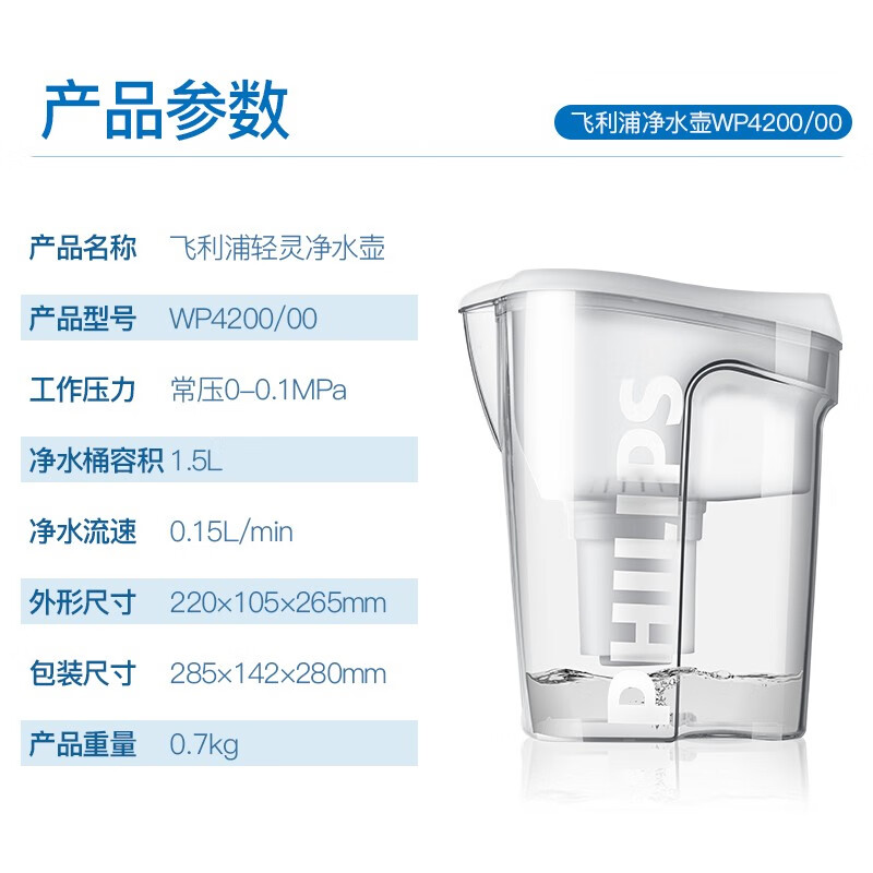 飛利浦（PHILIPS）凈水壺 家用濾水壺 廚房自來水過濾凈水器 WP4200/00