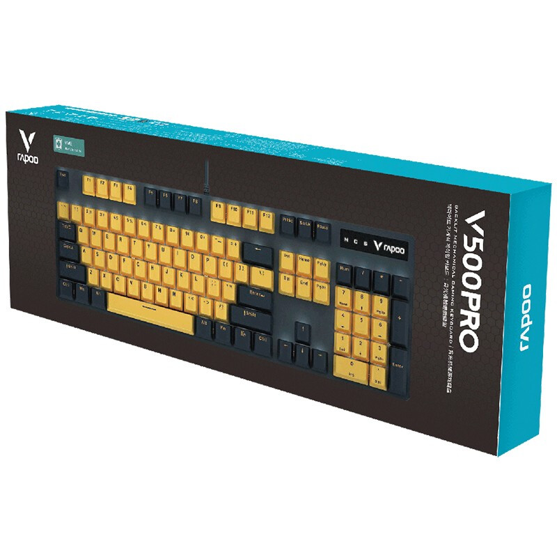 雷柏（Rapoo） V500PRO黄蓝版 机械键盘 有线键盘 游戏键盘 104键单光键盘 吃鸡键盘 PBT键帽 青轴