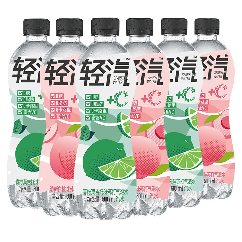 輕汽 白桃+青檸莫吉托 0糖0脂0卡富含VC蘇打氣泡水 500ml*6瓶