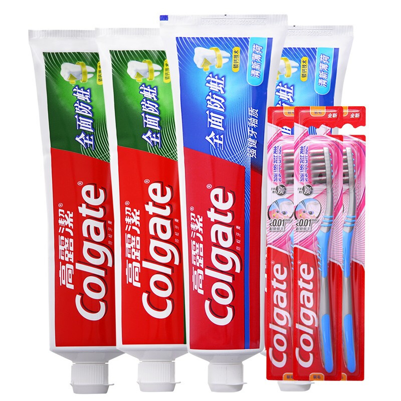 高露洁（Colgate）全面防蛀牙膏经典套装 4支装1000g（清新薄荷250g×2+超爽薄荷250g×2）赠牙刷3支