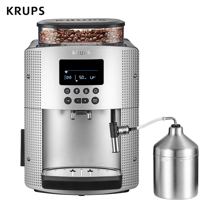 克鲁伯（KRUPS）咖啡机 欧洲原装进口意式家用全自动现磨豆自带奶泡器LED显示屏EA815E80（银色）