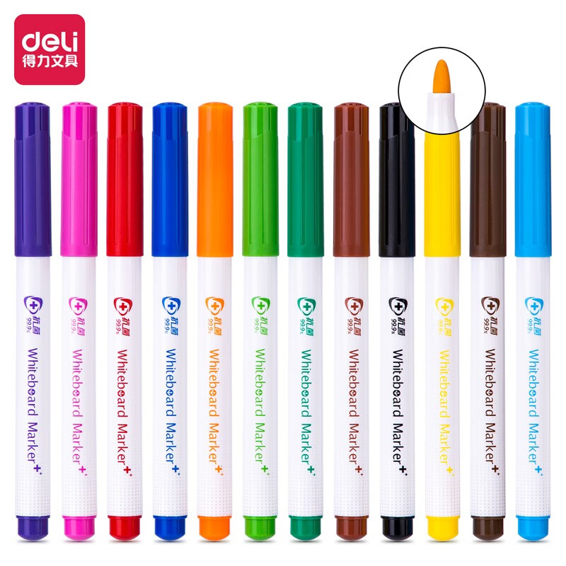 得力(deli)彩色白板笔套装 便捷易擦 儿童涂鸦绘画笔杆 办公教学会议 12色套装S531