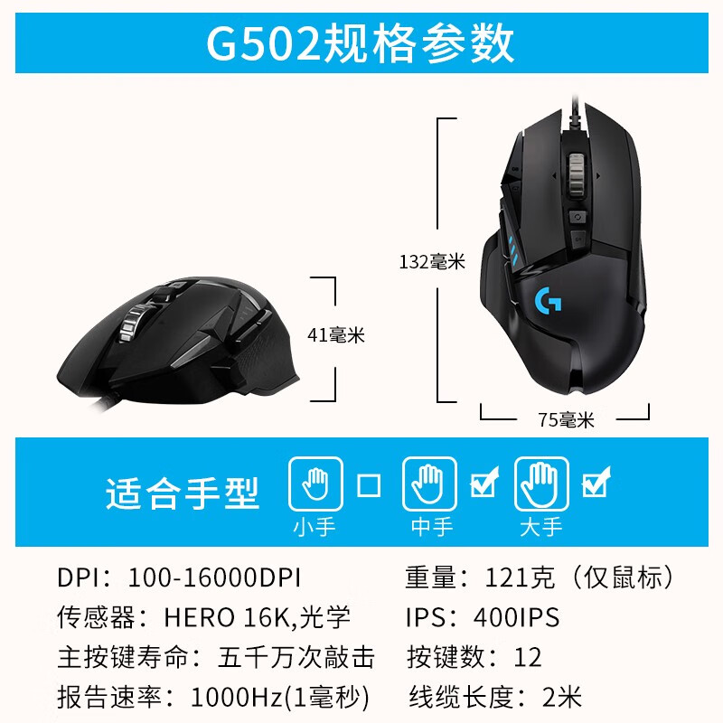 罗技（G）G502 HERO主宰者 游戏鼠标  电竞鼠标 吃鸡鼠标 RGB炫彩 有线鼠标 DIY贴纸 G502HERO-【含暴走贴膜】