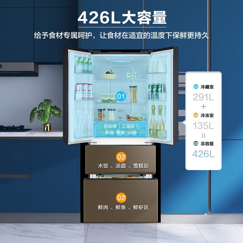 美的(Midea)426升 多门四门对开冰箱19分钟急速净味除菌风冷无霜 一级双变频智能家电冰箱BCD-426WTPZM(E)