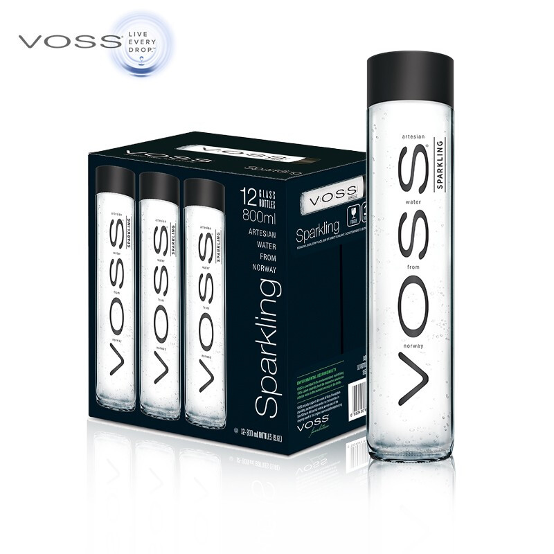挪威原装进口 芙丝(VOSS) 苏打水气泡水（含气） 800ml*12瓶（玻璃瓶）整箱
