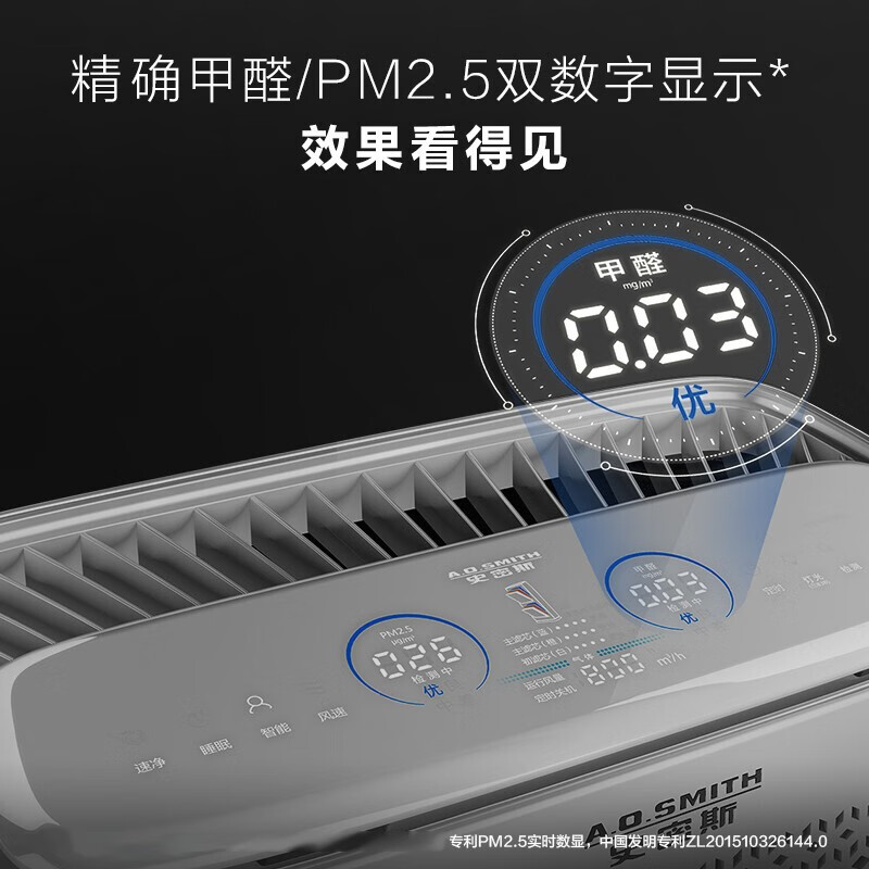 A.O.史密斯  甲醛數(shù)顯 PM2.5數(shù)顯 除甲醛空氣凈化器 高顏值 靜音 除細菌 除霧霾 PM2.5顆粒物 大空間 750C-FP