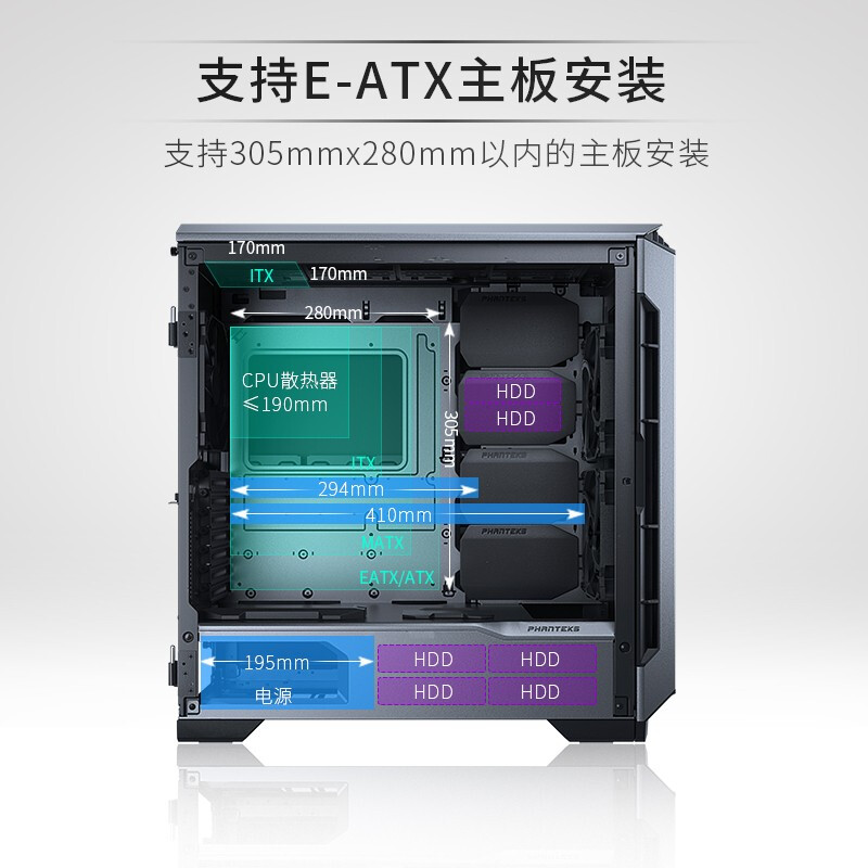 追风者(PHANTEKS) P600S钛金灰 主动降噪水冷台式电脑机箱(支持360水冷/3080Ti显卡/PWM调速/Type-C)