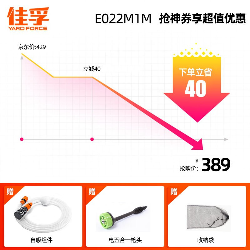 YARDFORCE佳孚 家用洗車機 高壓水槍無線鋰電手持清洗機 24V便攜式洗車神器洗車泵車載自吸水E022M1M