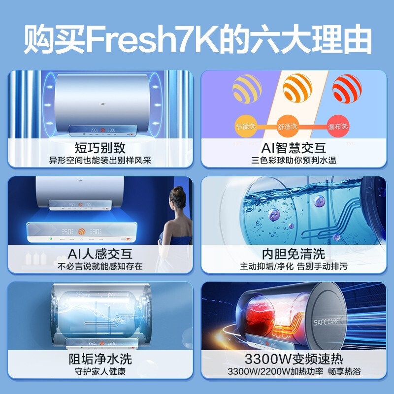 海爾（Haier）顏值控系列60升電熱水器短款 3300W變頻速熱智慧物聯(lián)美膚凈水洗內(nèi)膽免清洗EC6002-Fresh7KU1