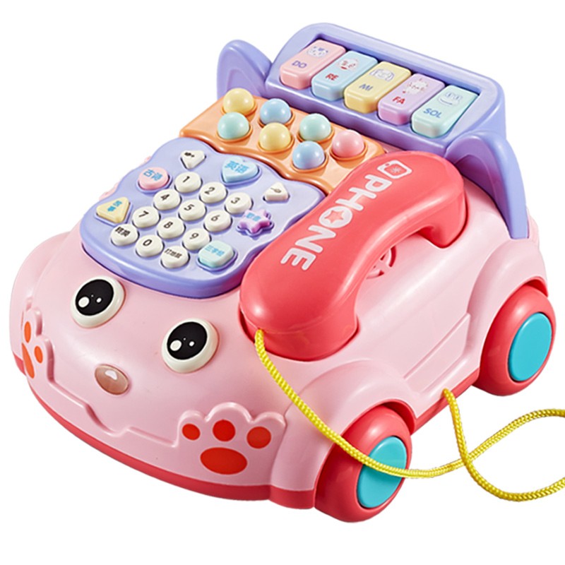 欣格儿童玩具电话机0-1-2岁婴幼儿早教多功能仿真座机3-6个月多功能男孩女孩宝宝音乐周岁礼物拉线电话车蓝色
