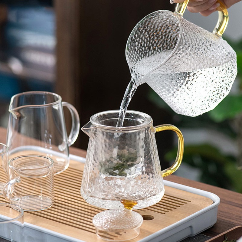天喜（TIANXI）锤纹玻璃茶具套装家用带过滤功夫茶具耐热玻璃花茶壶公道杯茶杯泡茶组合品茶杯子（无茶盘） 