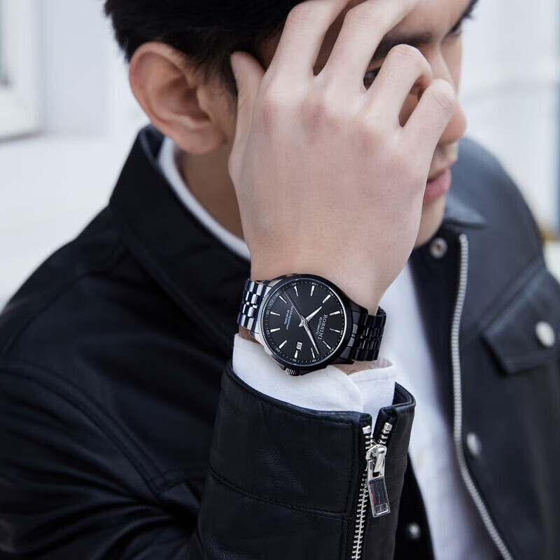 罗西尼(ROSSINI) 手表 启迪系列简约百搭自动机械男表日历夜光黑盘黑色钢带 赠20.5mm黑色表带5200005B04C