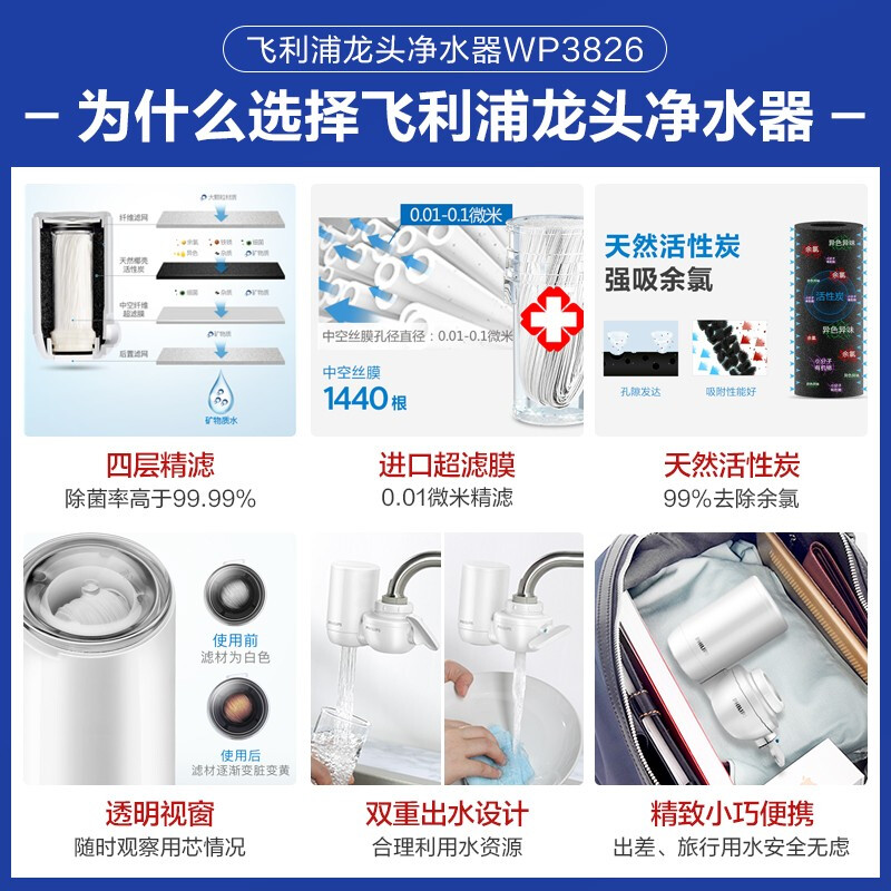 飞利浦（PHILIPS）水龙头净水器家用水龙头过滤器 厨房自来水过滤器净水机 超滤直饮滤水器 WP3826/00