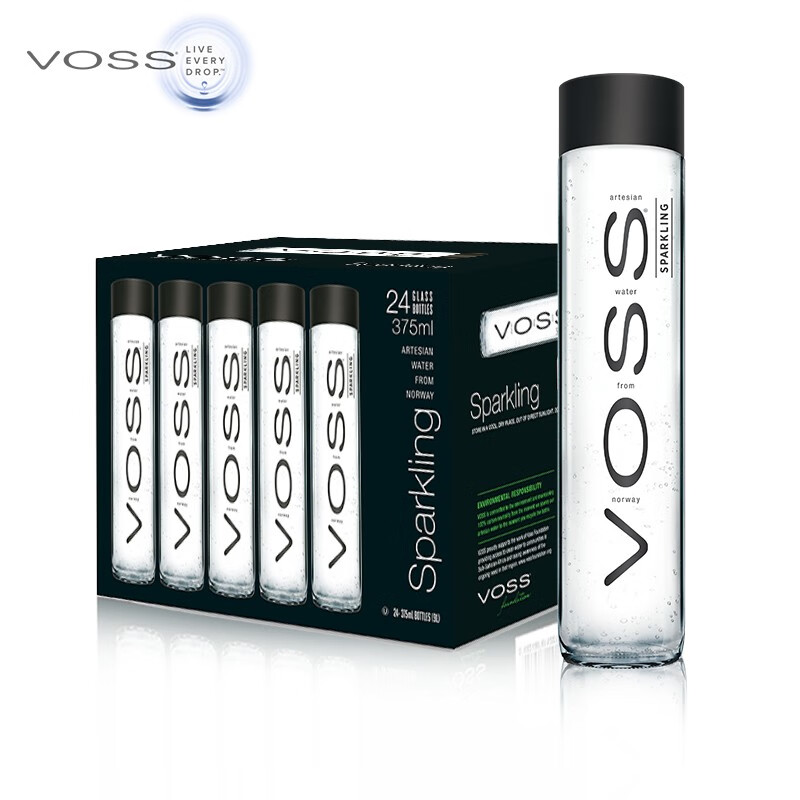 挪威原装进口 芙丝(VOSS) 苏打水气泡水（含气） 375ml*24瓶 （玻璃瓶）整箱